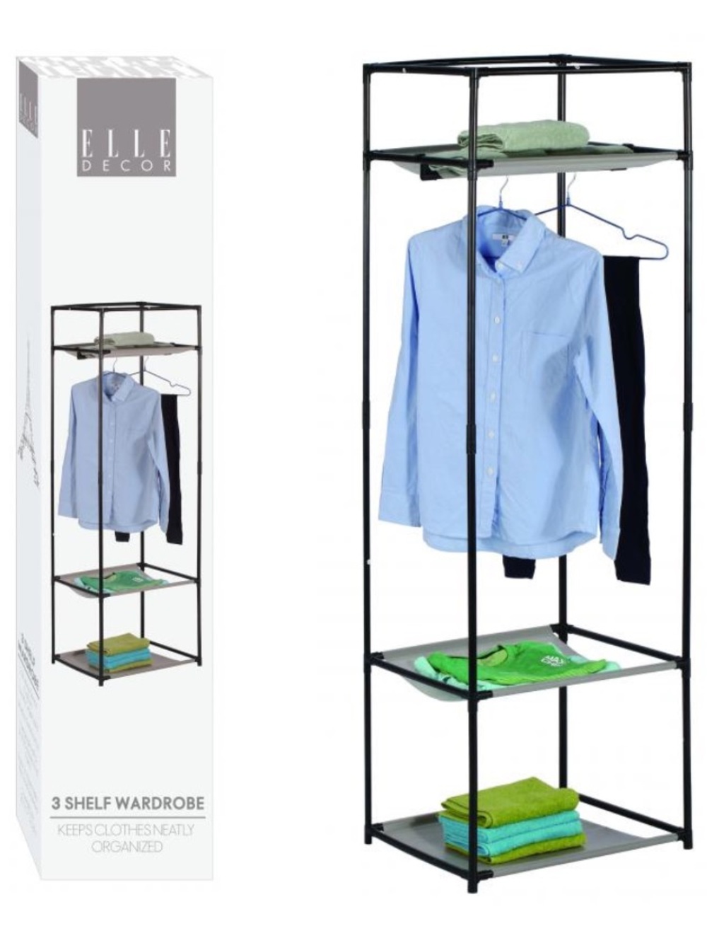NEW Elle Decor Black and Light Blue Open Garment Rack with Three Shelves